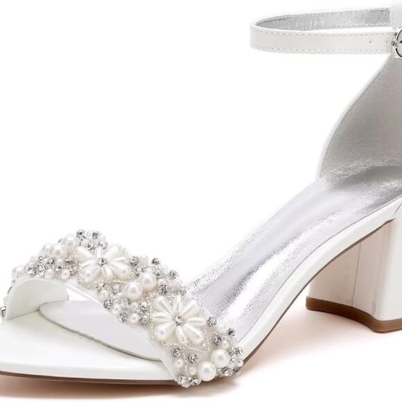 Pearl Bridal Shoes Women Open Toe Block Heels 6cm 8cm for Wedding and Formal - Picture 1 of 5